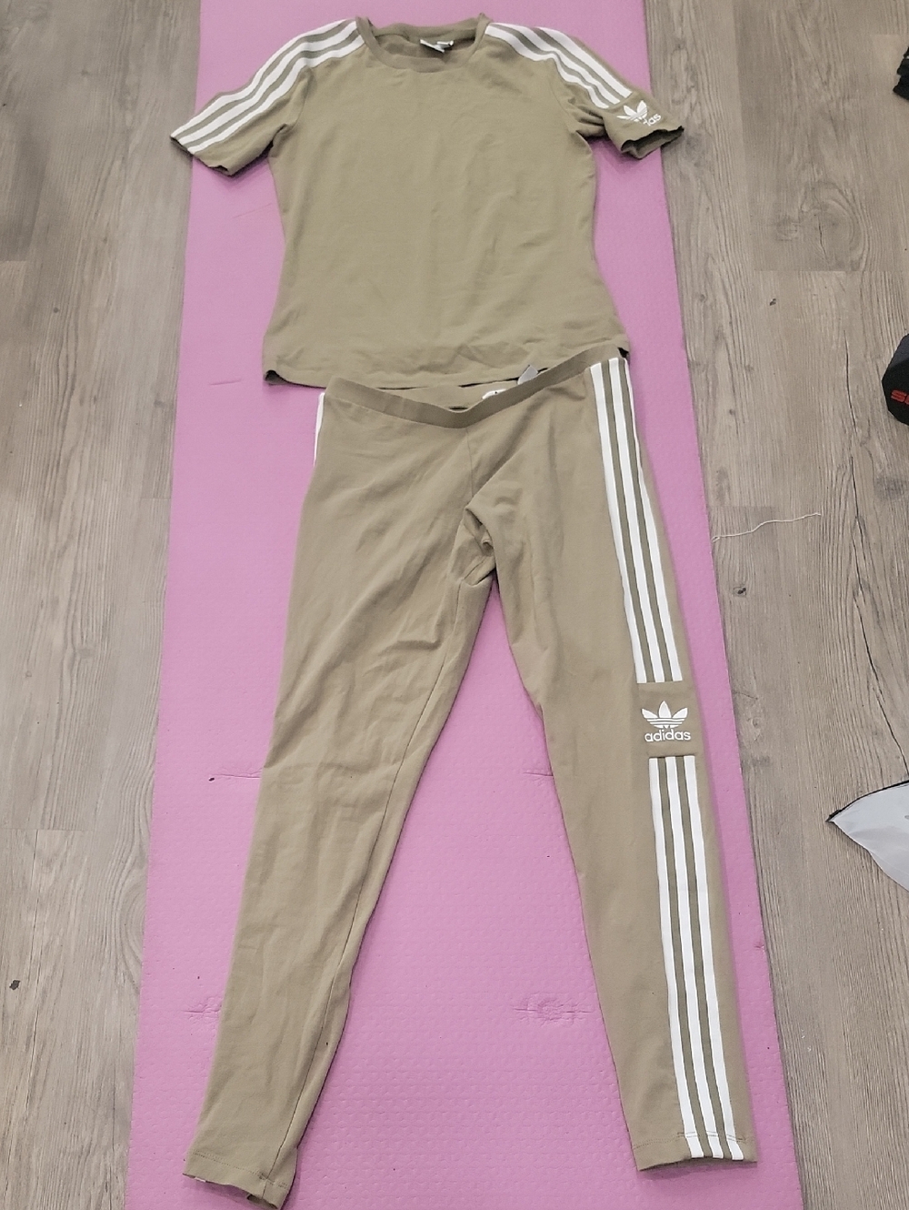 adidas Olive Green Two-Piece Tee & Leggings Set with White Three Stripes